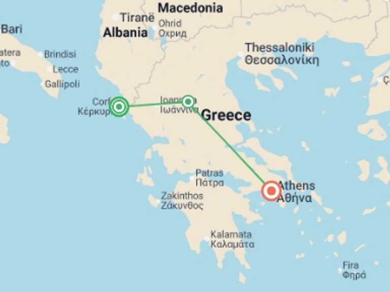 Map itinerary of Europe Tour in August 2026 with 3 destination visits for the trip: Corfu to Athens: Meteora & The Emerald Island