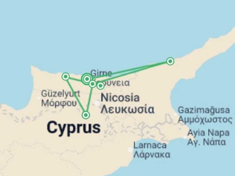 Map of a Active and outdoor Tour with 6 destination visits for the trip: Walking in Northern Cyprus