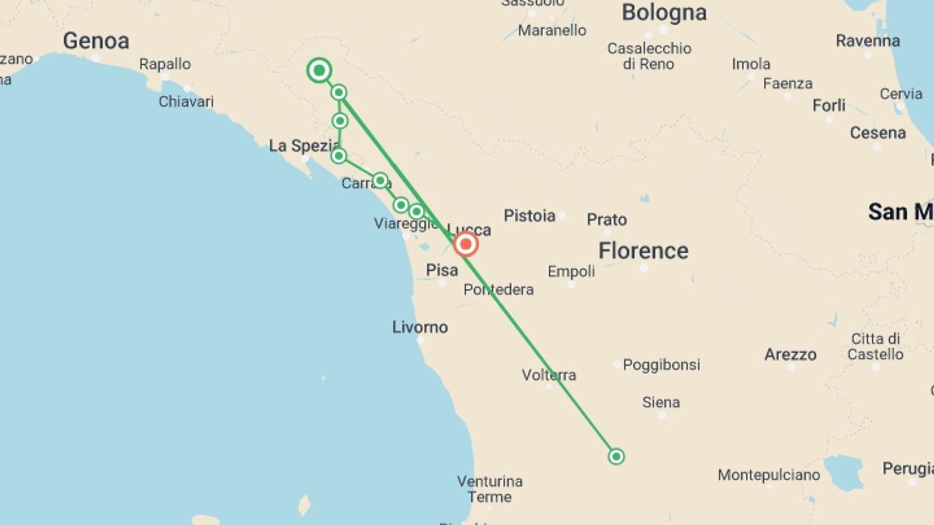 A map showing the tour itinerary for the trip: Via Francigena: Pontremoli to Lucca, starting in Pontremoli, Italy and ending in Lucca, Italy going through 6 other destinations.