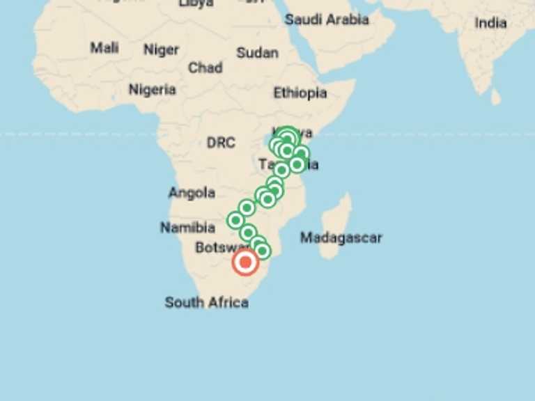 Map itinerary of Nairobi Tour in January 2027 with 19 destination visits for the trip: Nairobi to Joburg Overland: Craters & Camping