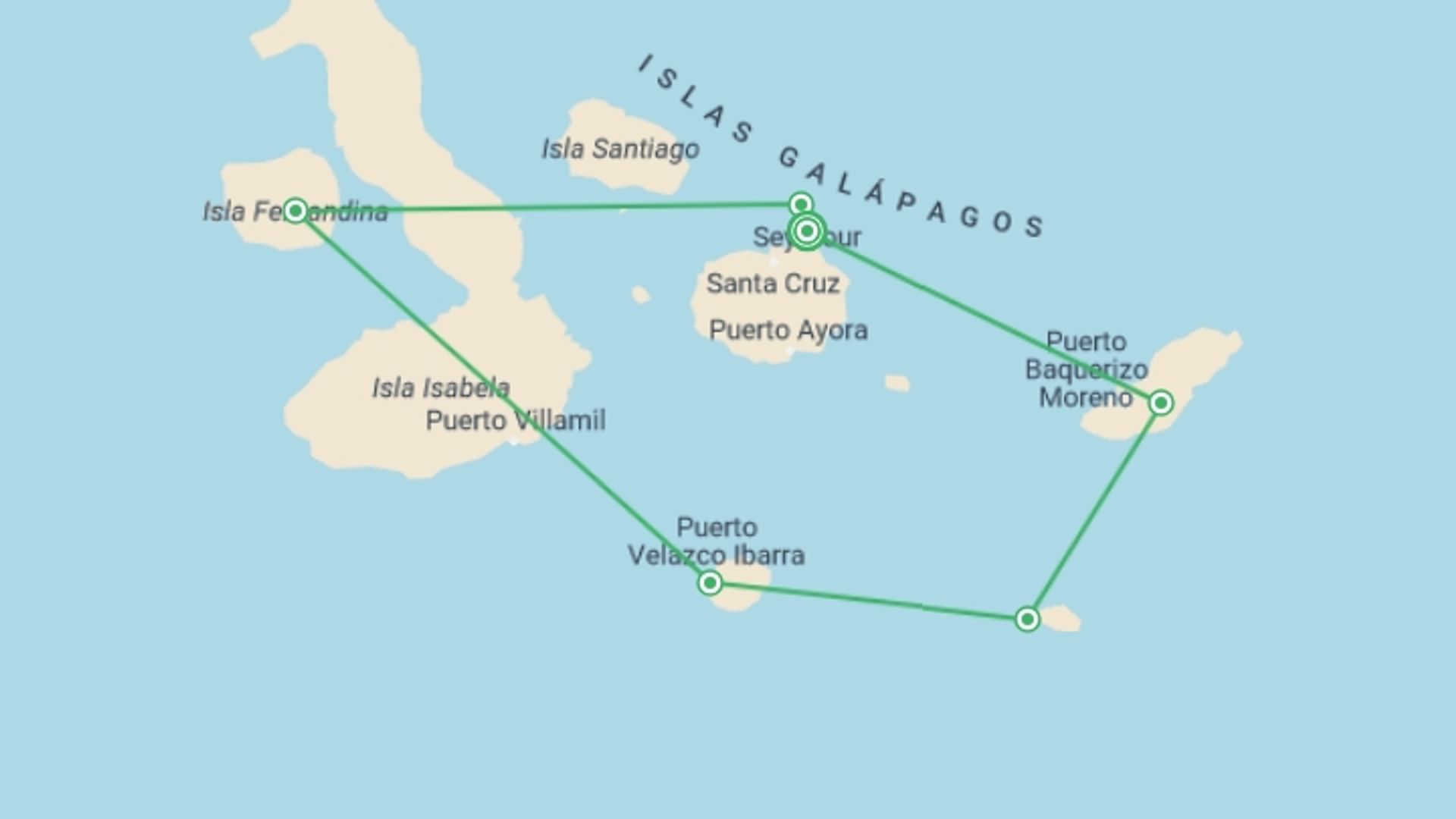 A map showing the tour itinerary for the trip: YACHT ISABELA II NATURAL SELECTION JOURNEY (Fri - Thurs), starting in Baltra Island, Ecuador and ending in Baltra Island, Ecuador going through 6 other destinations.