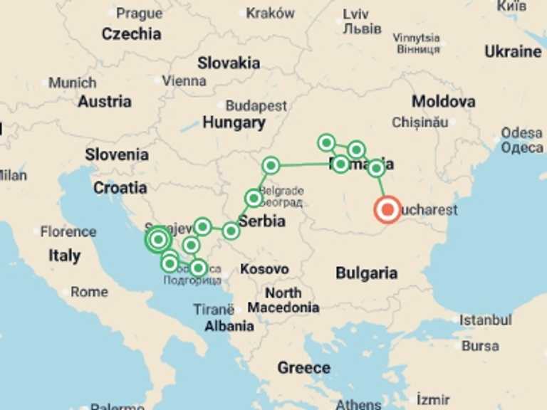Map itinerary of Sarajevo Tour in May 2027 with 14 destination visits for the trip: Premium Balkans in Depth