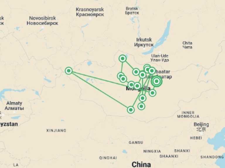 Map of a Natural landmarks sightseeing Tour with 4 destination visits for the trip: Explore Mongolia