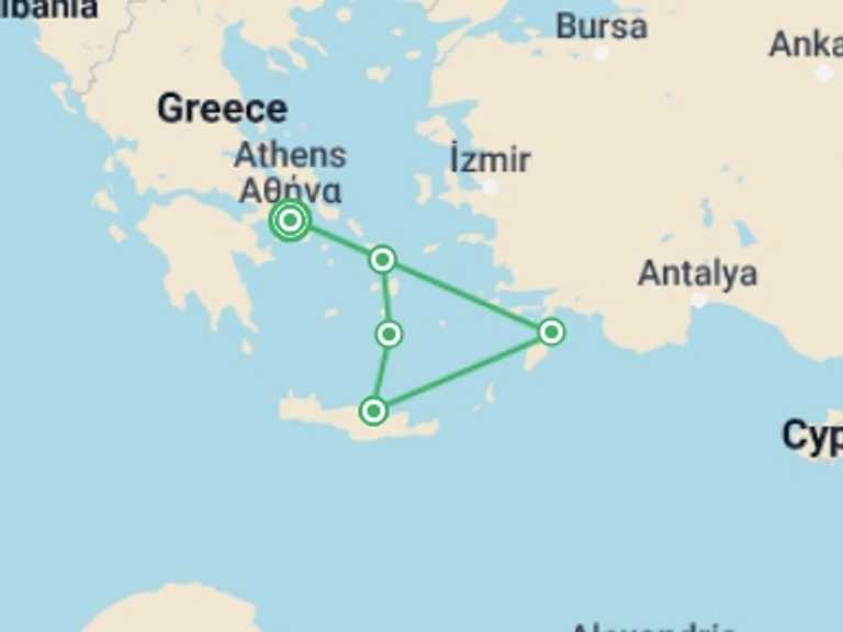 Map of Heraklion City sightseeing Tour with 5 destination visits for the trip: Essential Greece with Mykonos