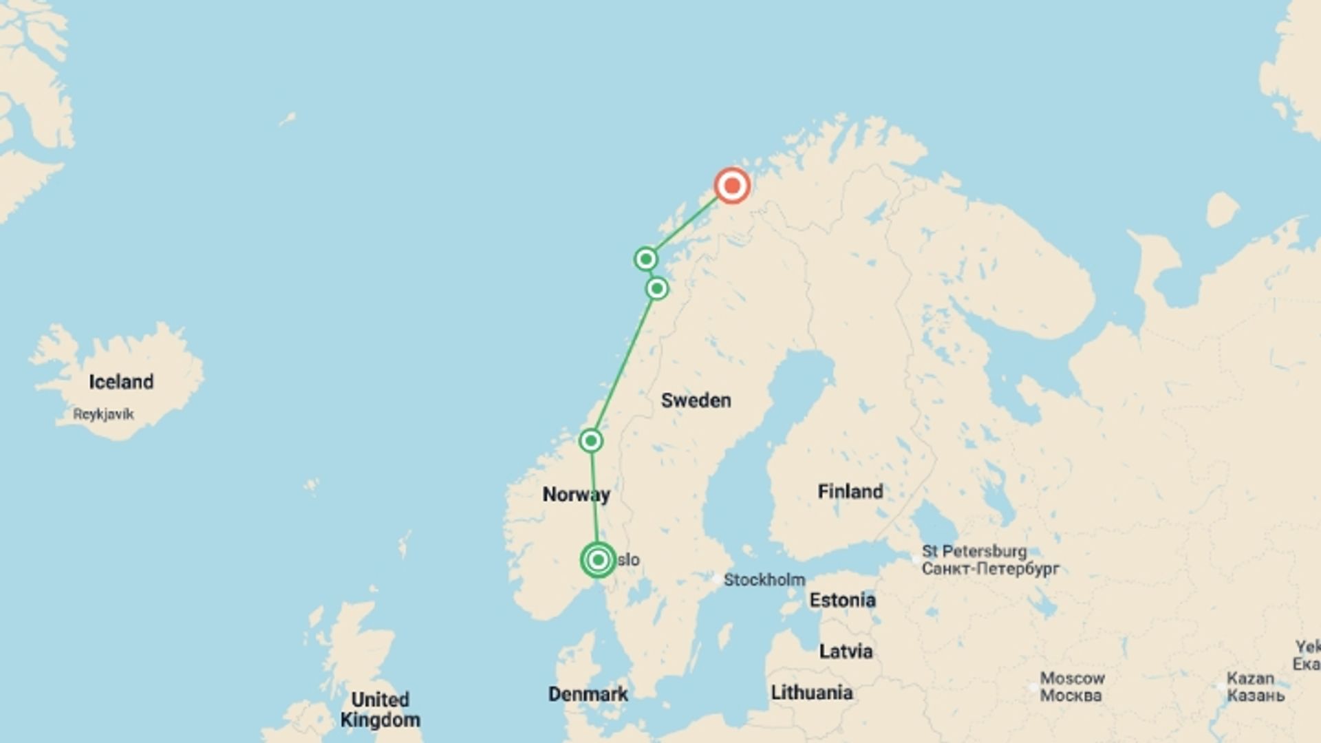 A map showing the tour itinerary for the trip: Northern Norway Explorer, starting in Oslo, Norway and ending in Tromso, Norway going through 2 other destinations.