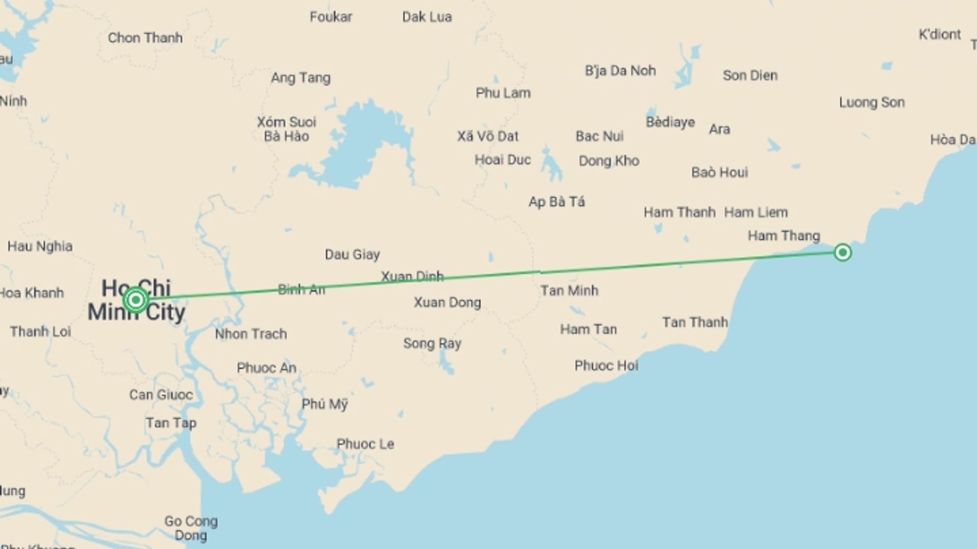 A map showing the tour itinerary for the trip: Saigon, Mekong & Mui Ne Beach Break (Superior) - 9 days, starting in Ho Chi Minh City, Vietnam and ending in Ho Chi Minh City, Vietnam going through 1 other destinations.