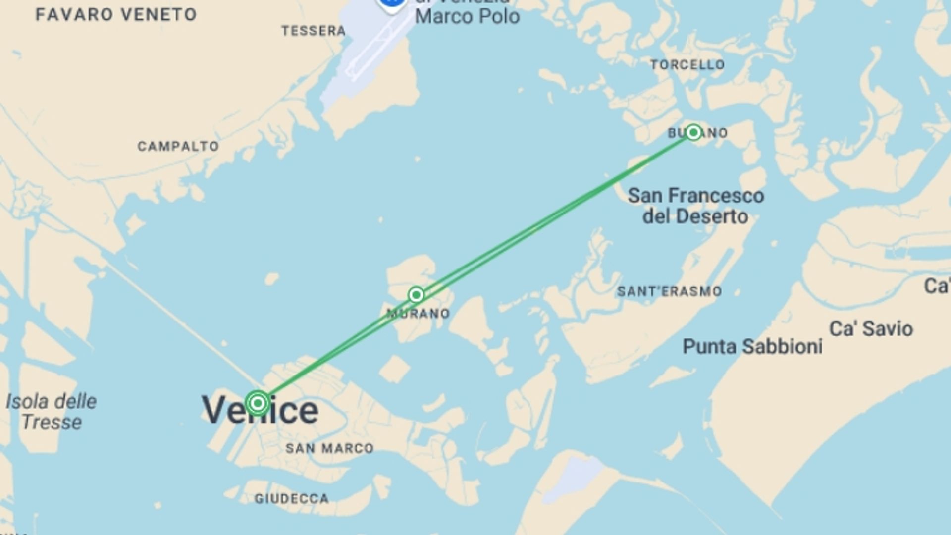 A map showing the tour itinerary for the trip: Venice Explorer (3 Star) - 4 days, starting in Venice, Italy and ending in Venice, Italy going through 0 other destinations.