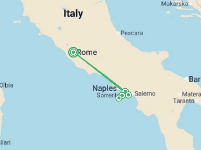 Map itinerary of Italy Tour in September 2026 with 3 destination visits for the trip: Rome, Sorrento & Amalfi Coast (4 Star) - 10 days
