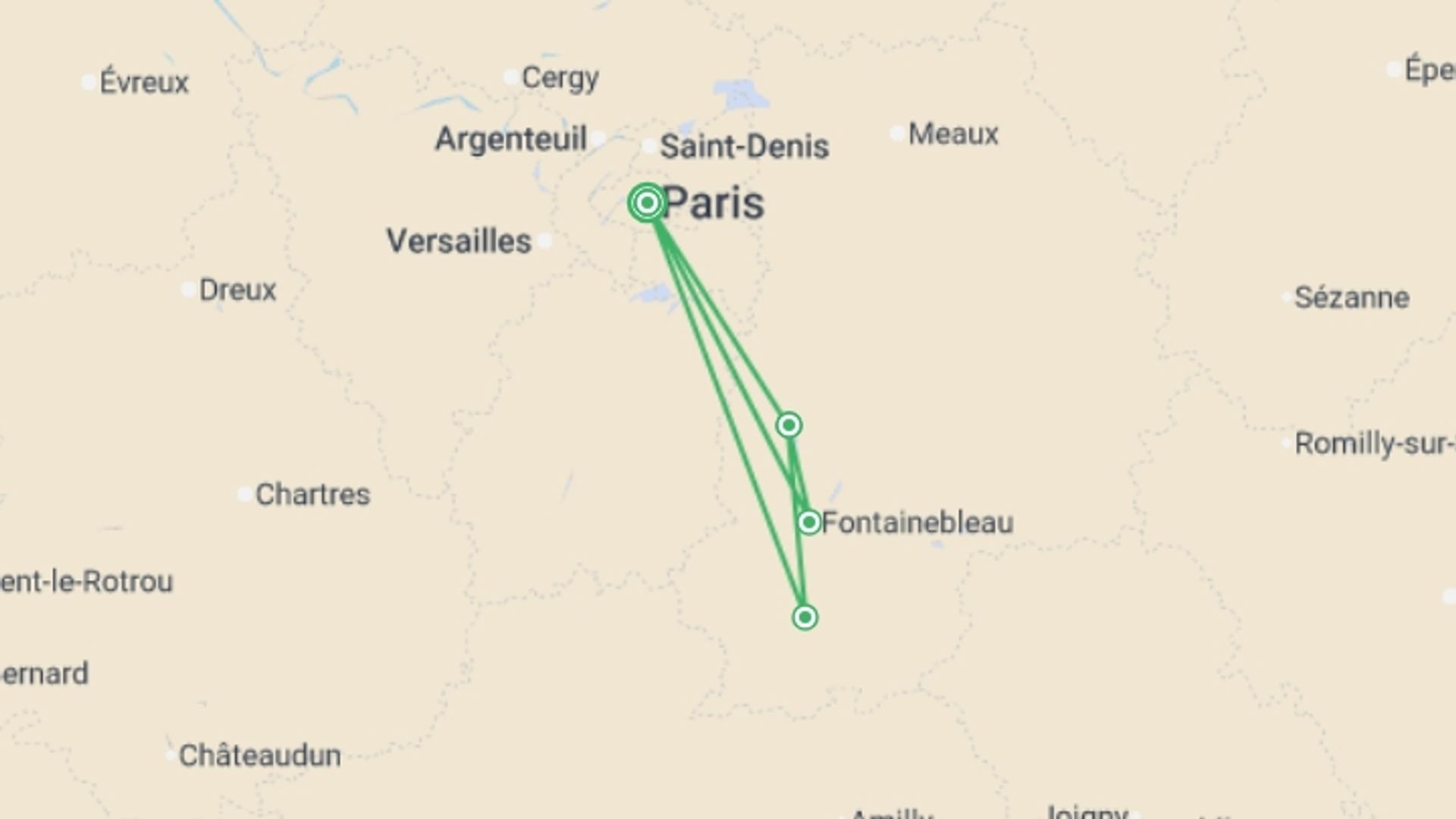 A map showing the tour itinerary for the trip: Seine Valley Bike and Barge, starting in Paris, France and ending in Paris, France going through 3 other destinations.