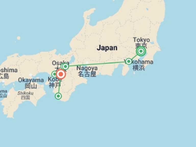 Map itinerary of Osaka Tour in October 2025 with 7 destination visits for the trip: Discover Japan's Fall Foliage with Kumano Kodo