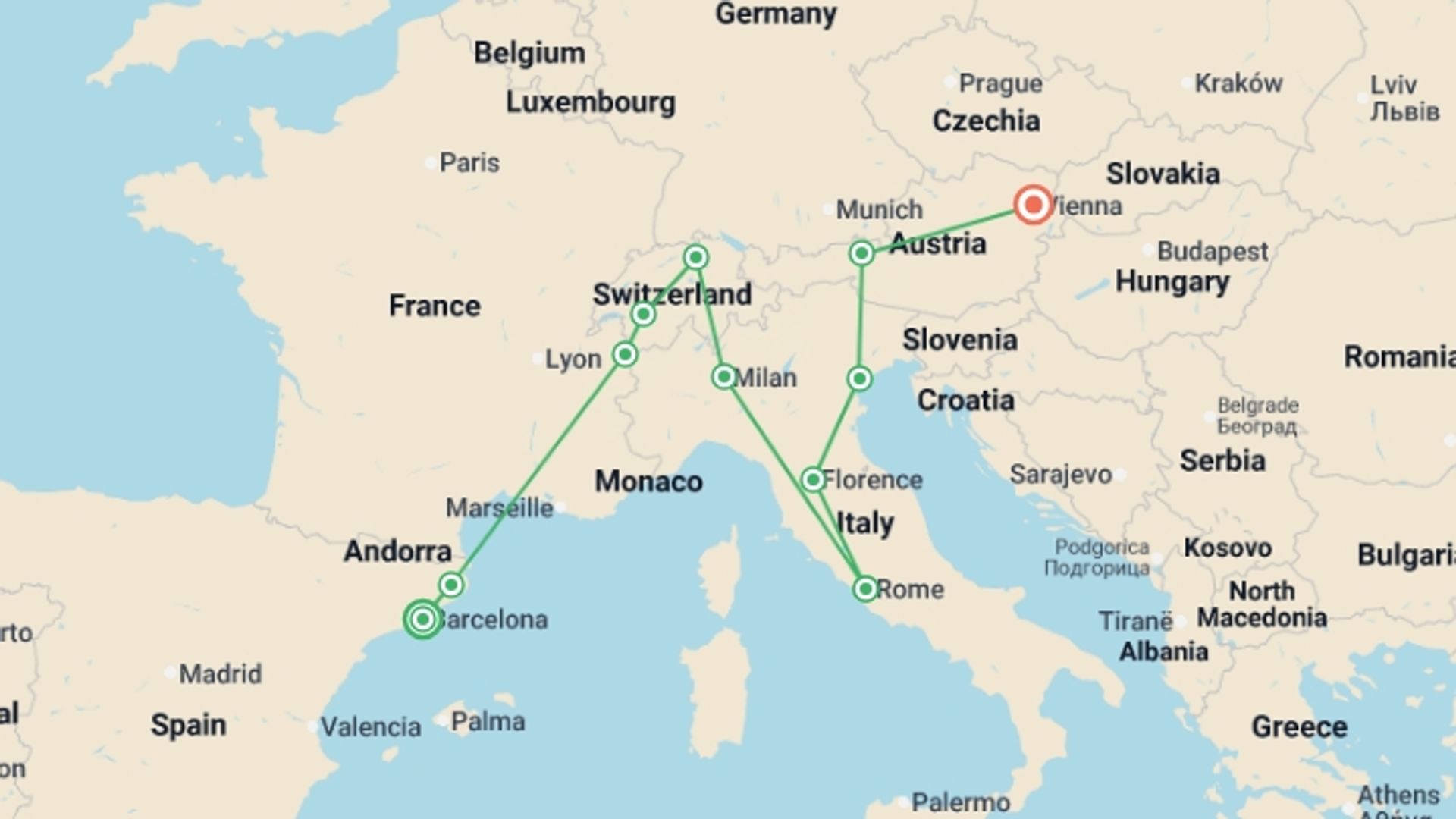 A map showing the tour itinerary for the trip: Essential Spain, Switzerland, Italy and Austria, starting in Barcelona, Spain and ending in Vienna, Austria going through 10 other destinations.