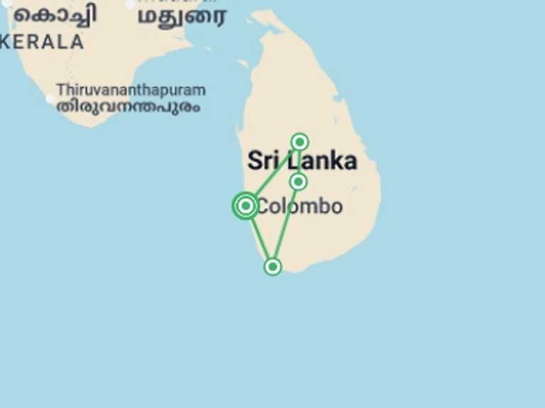 Map itinerary of Asia Tour in Winter with 4 destination visits for the trip: Sri Lanka In A Nutshell, Private Tour