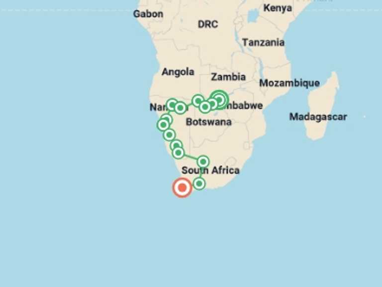 Map of Africa Wildlife safaris and game drives Tour with 14 destination visits for the trip: Vic Falls to Cape Town