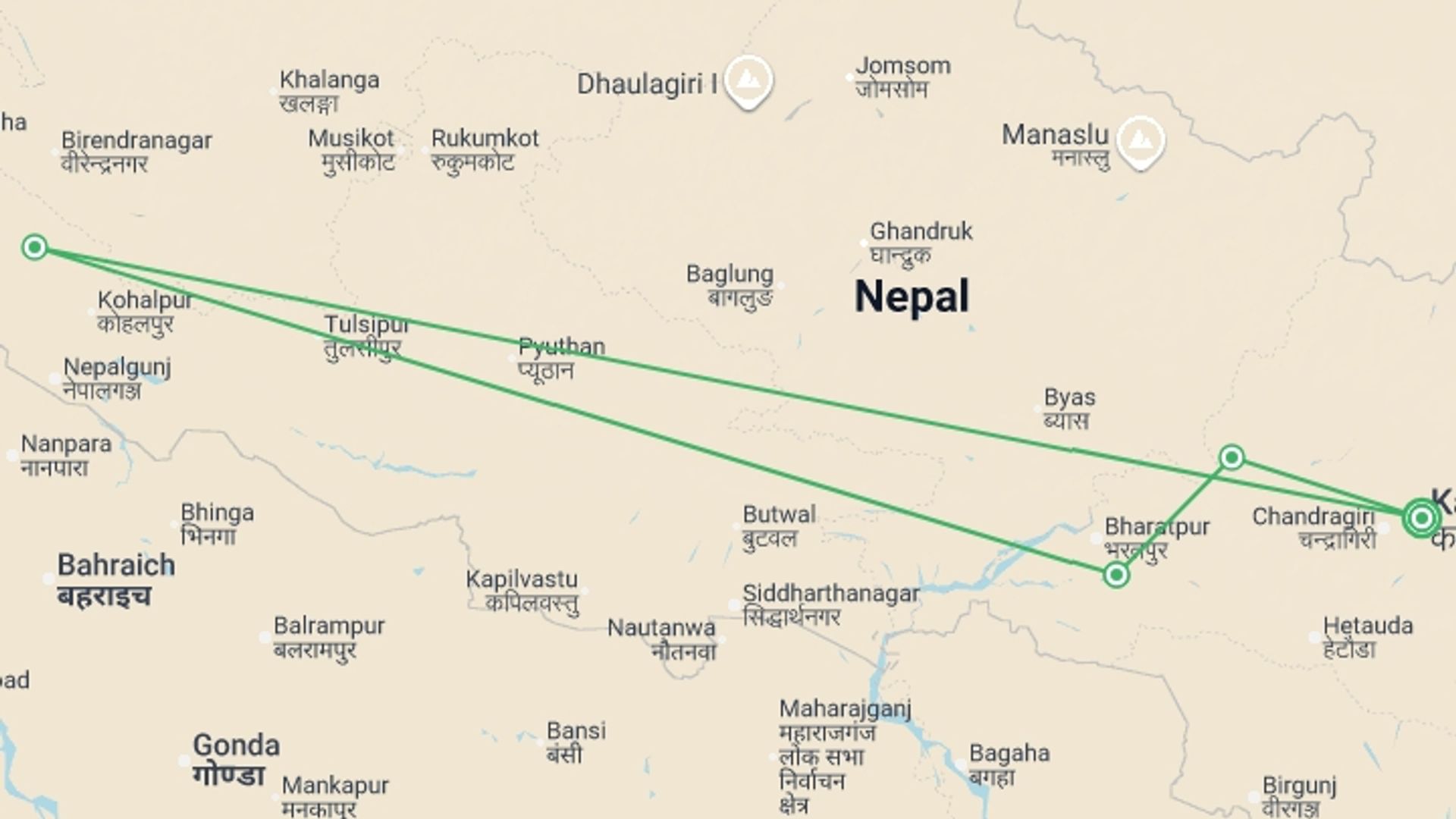 A map showing the tour itinerary for the trip: Nepal Wildlife Safari, starting in Kathmandu, Nepal and ending in Kathmandu, Nepal going through 3 other destinations.