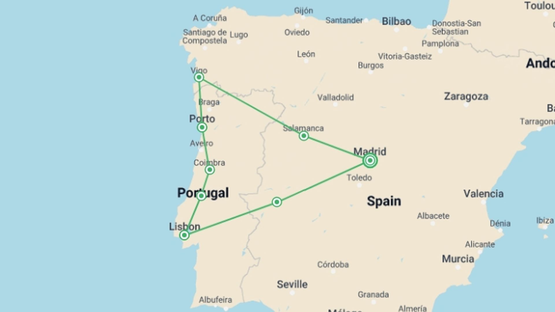 A map showing the tour itinerary for the trip: 7 Day Guided Tour Castilla And Portugal From Madrid (c6060), starting in Madrid, Spain and ending in Madrid, Spain going through 4 other destinations.