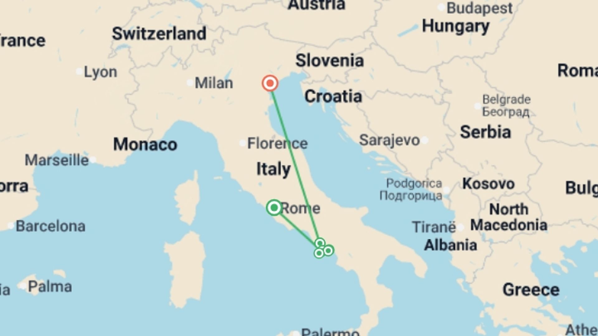 A map showing the tour itinerary for the trip: Hidden Gems of the Amalfi Coast, starting in Rome, Italy and ending in Italy going through 1 other destinations.
