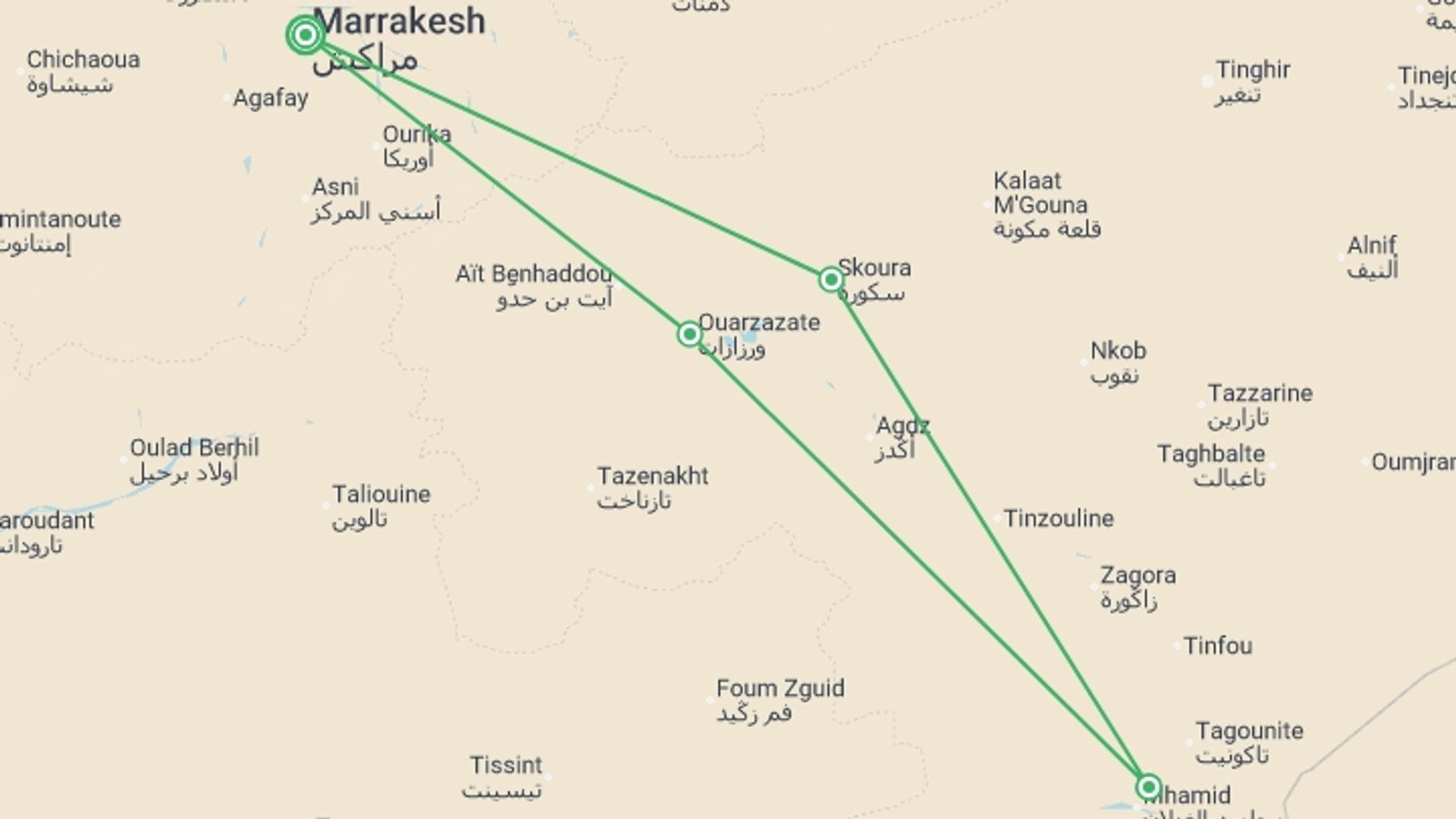 A map showing the tour itinerary for the trip: Morocco: Marrakech & The Sahara, starting in Marrakech, Morocco and ending in Marrakech, Morocco going through 2 other destinations.