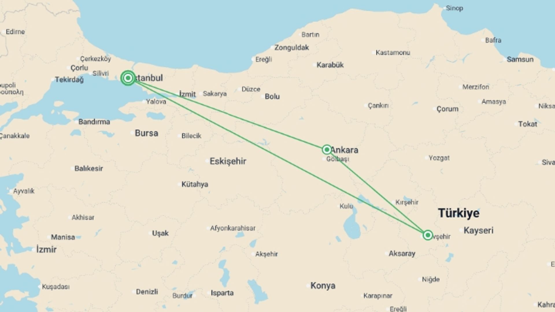 A map showing the tour itinerary for the trip: Istanbul, Ankara & Cappadocia - 6 days, starting in Istanbul, Turkey and ending in Istanbul, Turkey going through 2 other destinations.