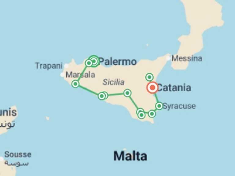Map itinerary of Syracuse Tour in Summer with 7 destination visits for the trip: Splendours of Sicily