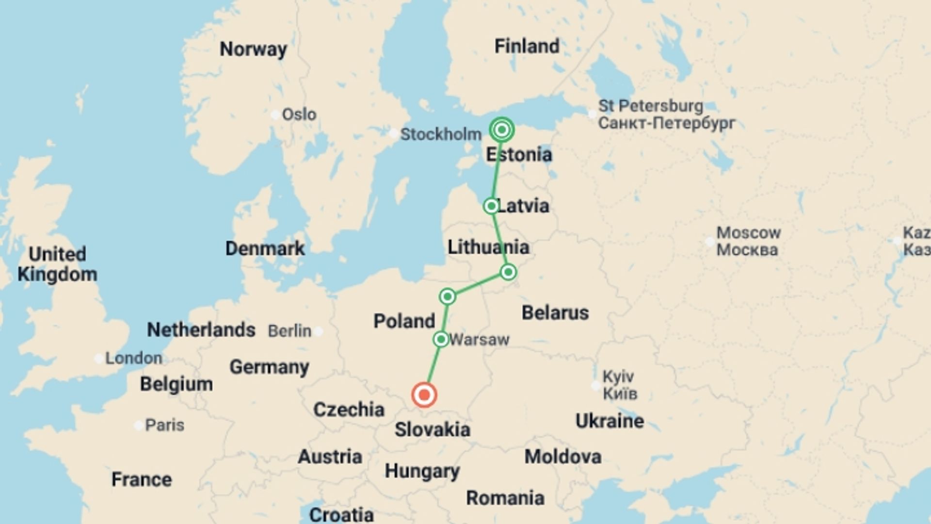 A map showing the tour itinerary for the trip: Upgraded - The Baltic States and Poland, starting in Tallinn, Estonia and ending in Krakow, Poland going through 4 other destinations.
