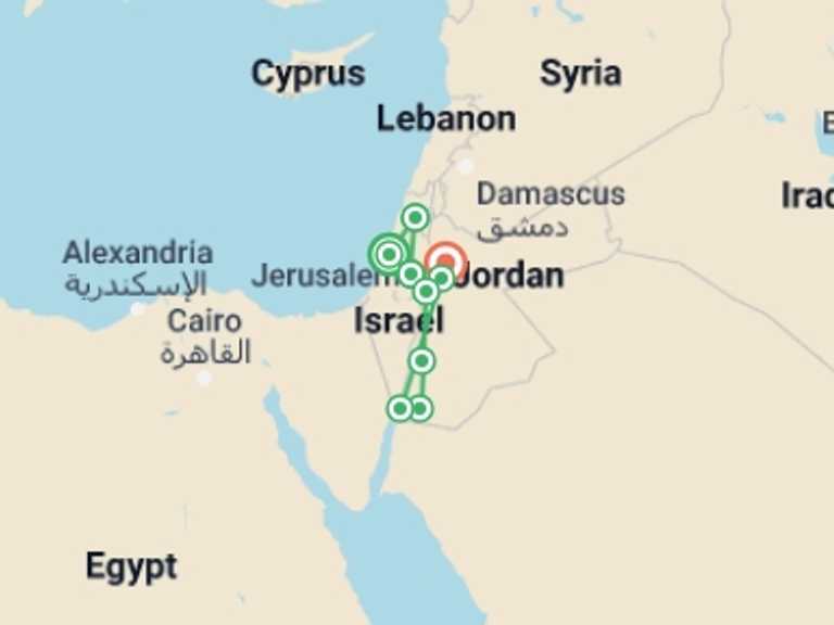 Map itinerary of Aqaba Tour in February 2026 with 8 destination visits for the trip: Israel and Jordan