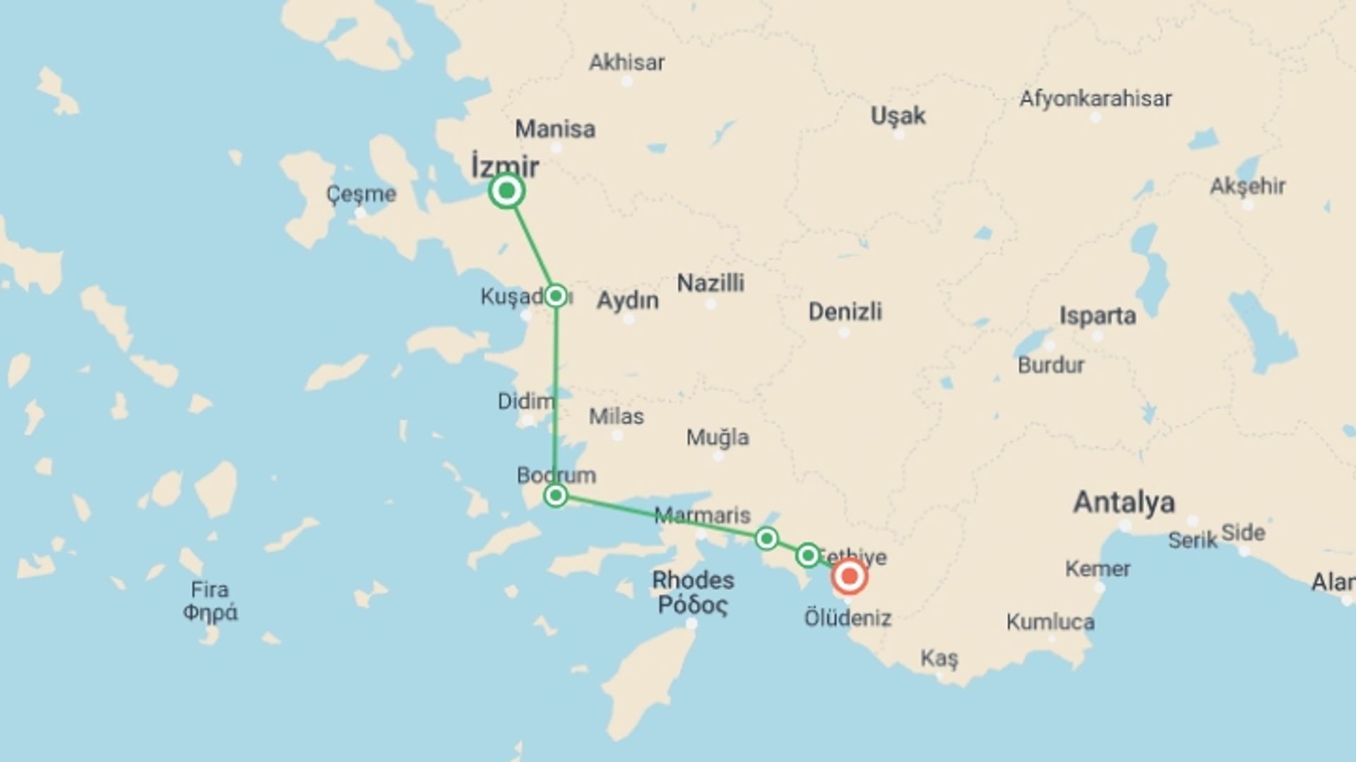 A map showing the tour itinerary for the trip: Turkey: Ancient Cities & Hikes Along the Lycian Way, starting in Izmir, Turkey and ending in Fethiye, Turkey going through 4 other destinations.