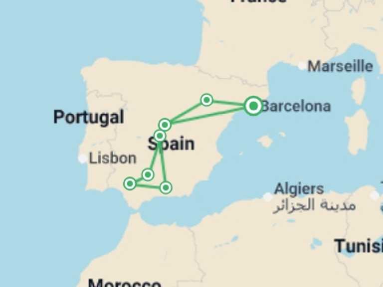 Map itinerary of Madrid Tour in July 2026 with 4 destination visits for the trip: 5 Day Guided Tour Andalusia And Toledo From Barcelona (c-752)