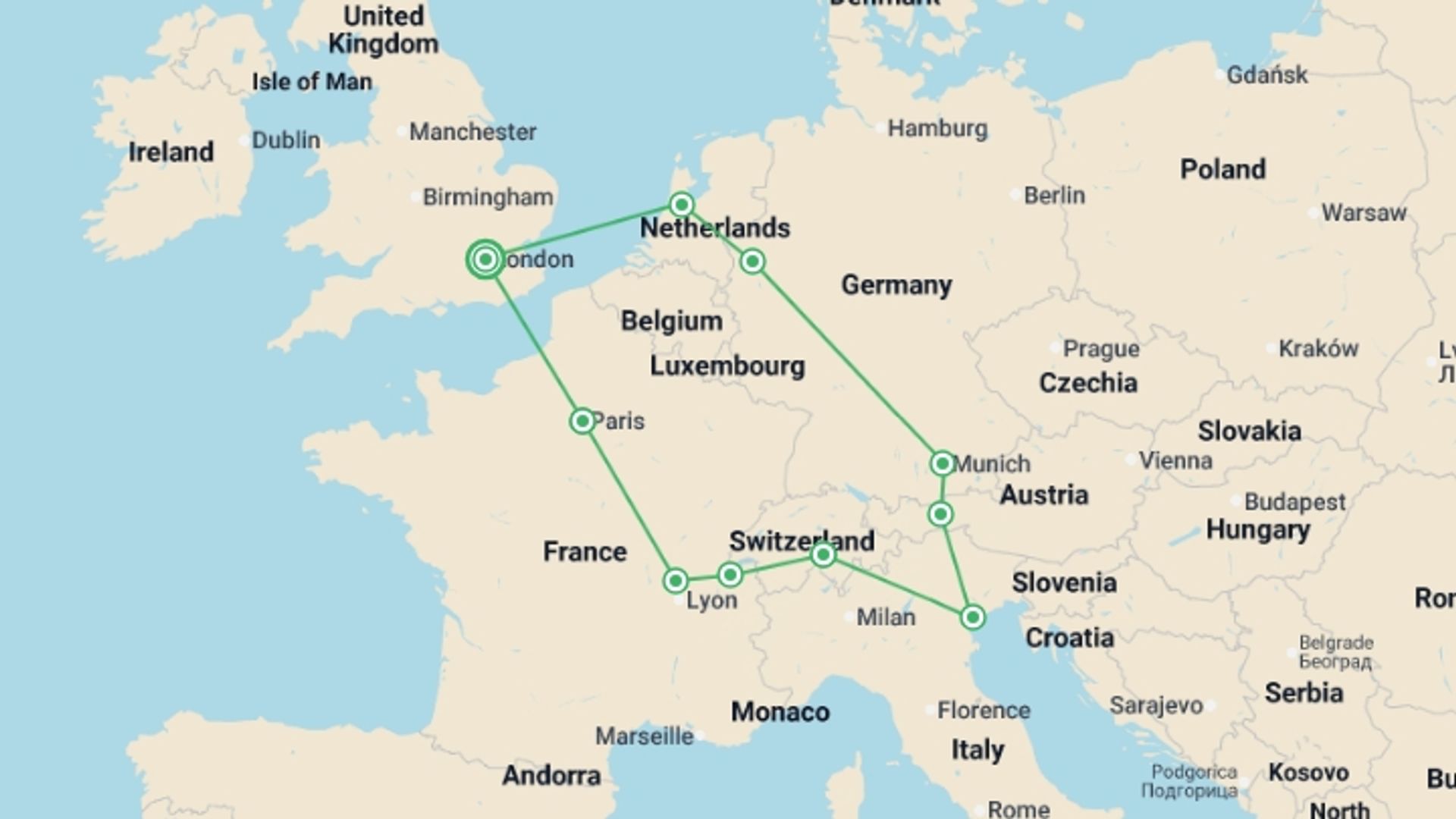 A map showing the tour itinerary for the trip: European Horizon, starting in London, England and ending in London, England going through 8 other destinations.