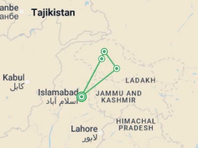 Map itinerary of Asia Tour in June 2026 with 4 destination visits for the trip: Peaks of Pakistan - 8 days
