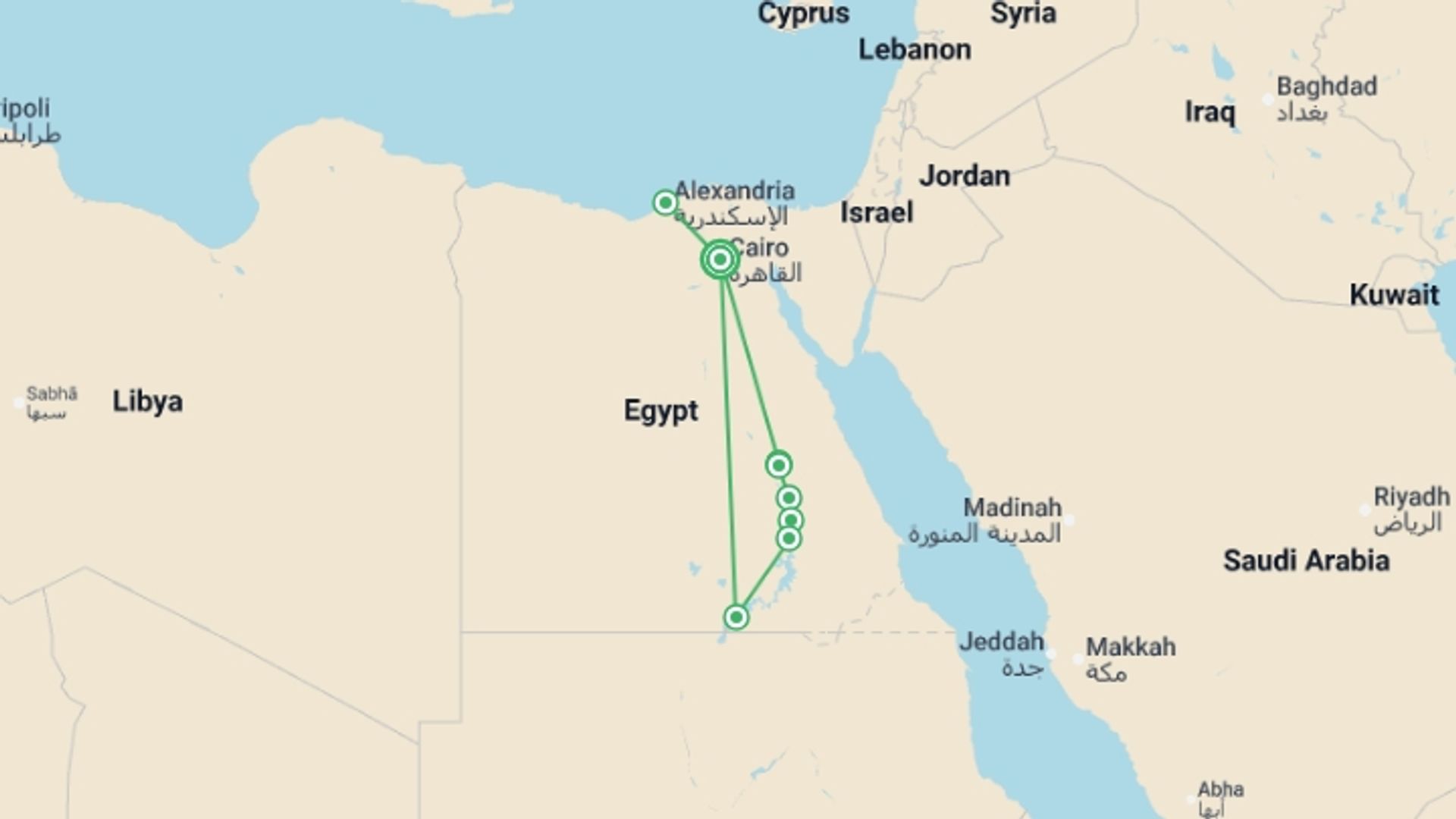 A map showing the tour itinerary for the trip: Highlights of Egypt, starting in Cairo, Egypt and ending in Cairo, Egypt going through 5 other destinations.