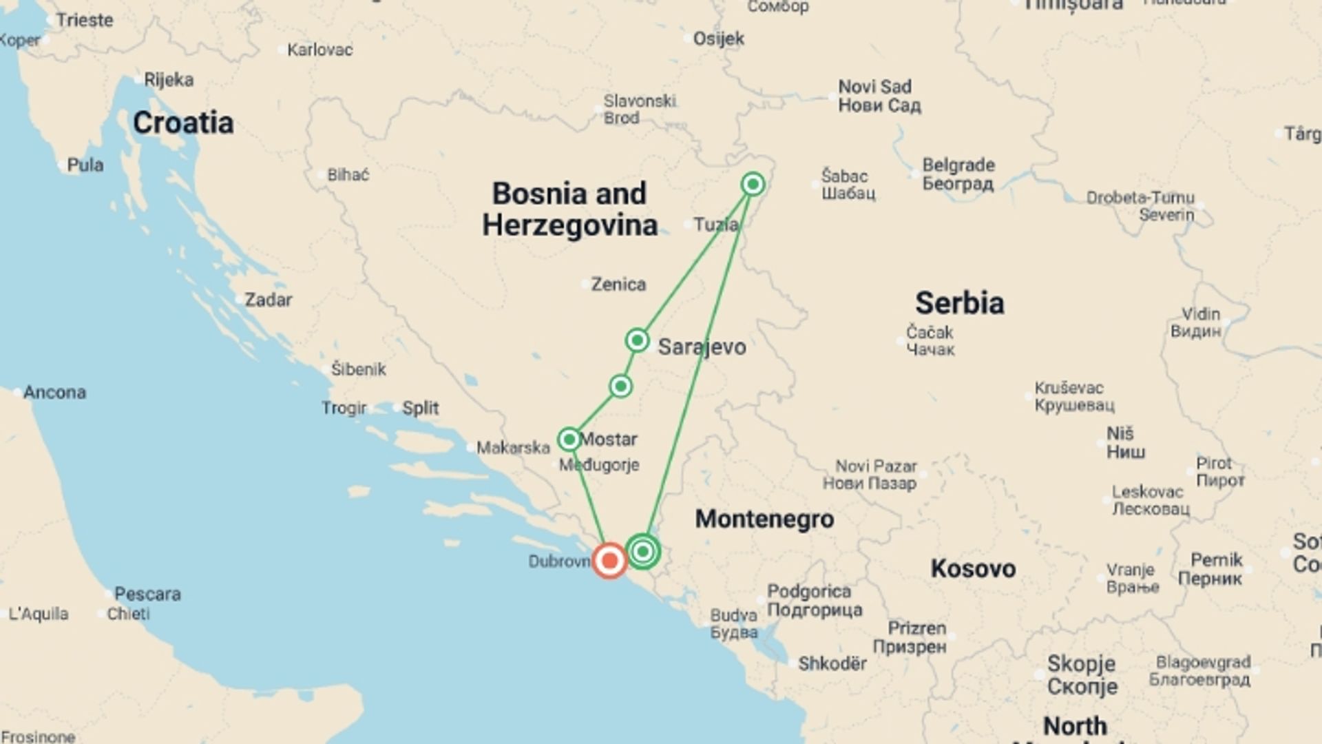 A map showing the tour itinerary for the trip: Walking in Bosnia & Herzegovina, starting in Trebinje, Bosnia Herzegovina and ending in Dubrovnik, Croatia going through 4 other destinations.