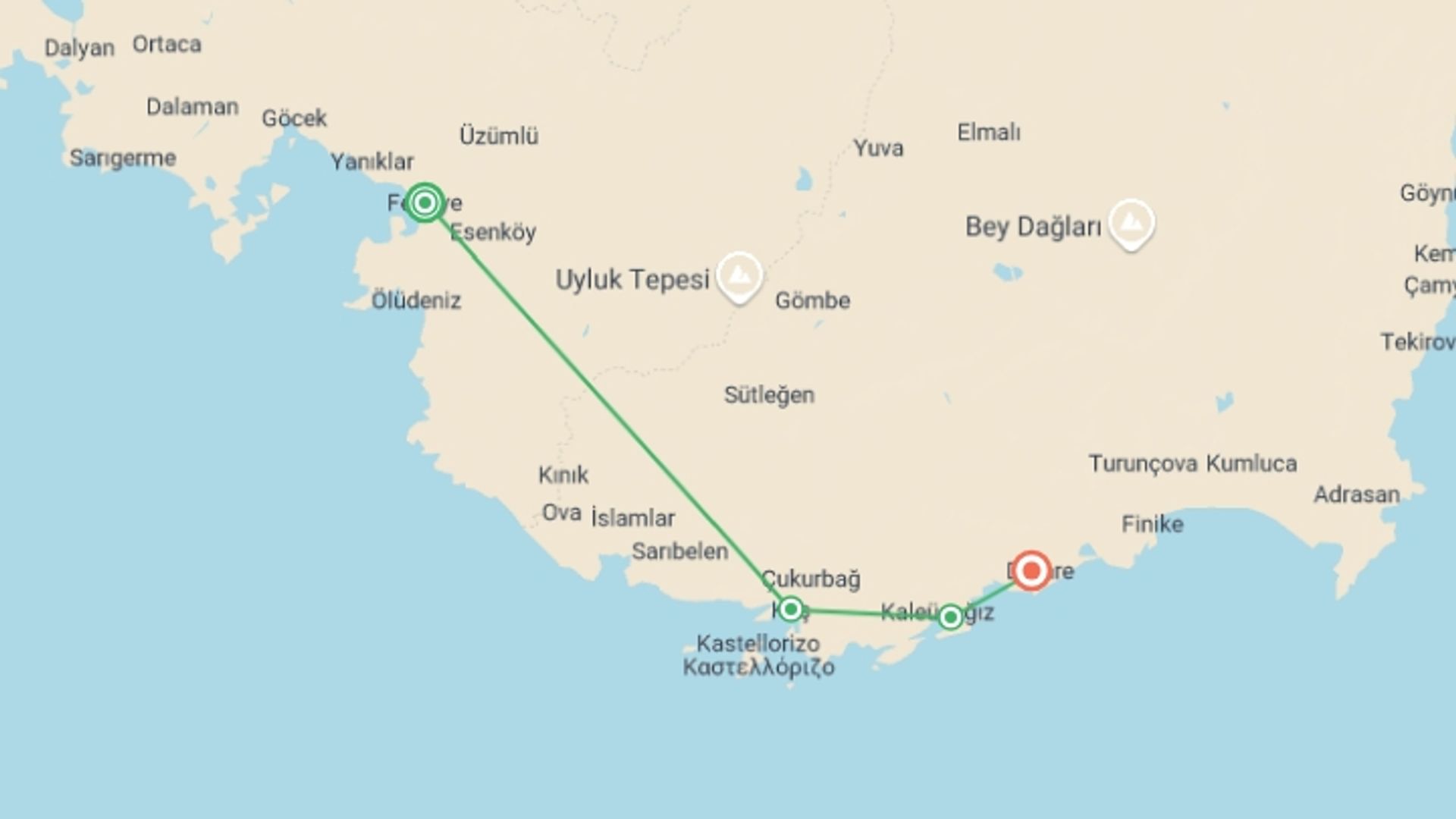 A map showing the tour itinerary for the trip: Mediterranean Dreaming- Fethiye to Demre, starting in Fethiye, Turkey and ending in Demre, Turkey going through 2 other destinations.