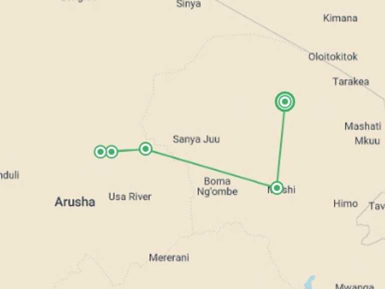 Map itinerary of Moshi Tour in Fall with 4 destination visits for the trip: Mount Meru Route, Silver Level Climb (on Request)