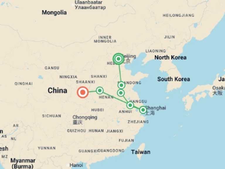 Map itinerary of China Tour in January 2027 with 7 destination visits for the trip: Traditional China