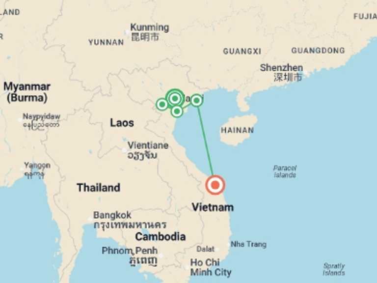 Map of Vietnam Tour with 5 destination visits for the trip: Vietnam Family Holiday with Teenagers