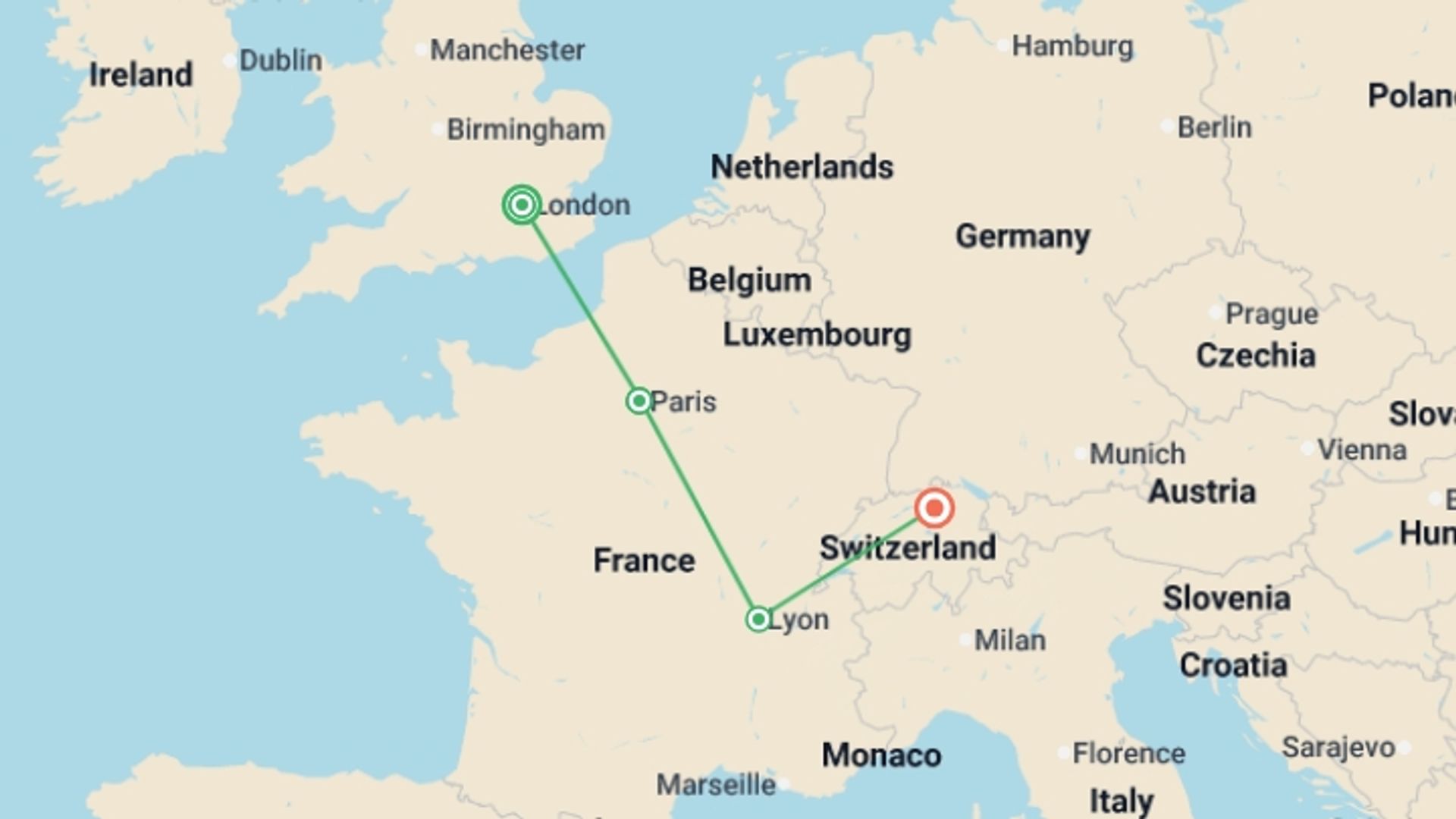 A map showing the tour itinerary for the trip: London, Paris and Zurich, starting in London, England and ending in Zurich, Switzerland going through 2 other destinations.