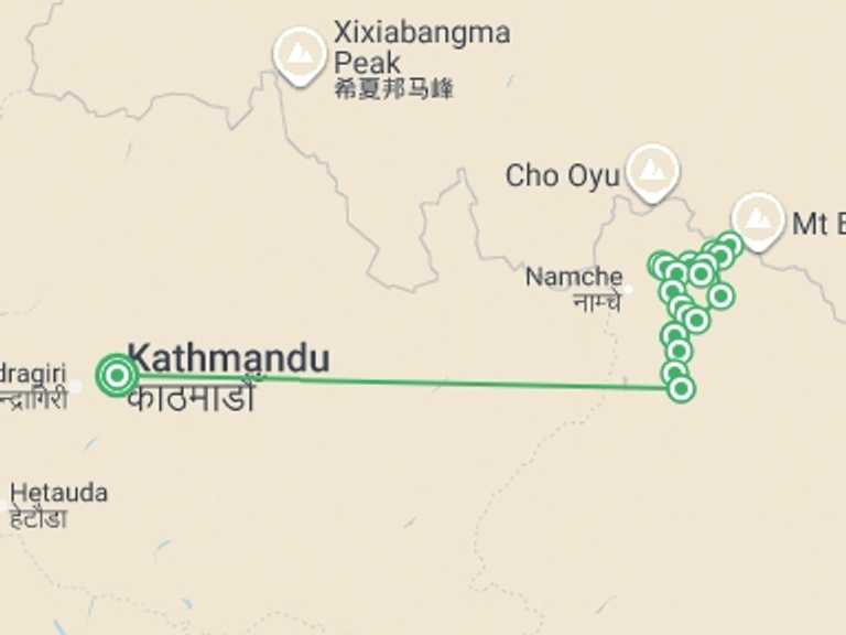 Map itinerary of Nepal Tour in September 2026 with 18 destination visits for the trip: Everest Circuit & the Cho La in Comfort