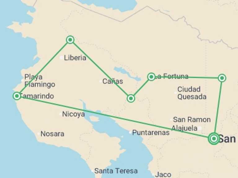 Map itinerary of South America Tour in July 2026 with 6 destination visits for the trip: Self Drive Costa Rica - 14 days
