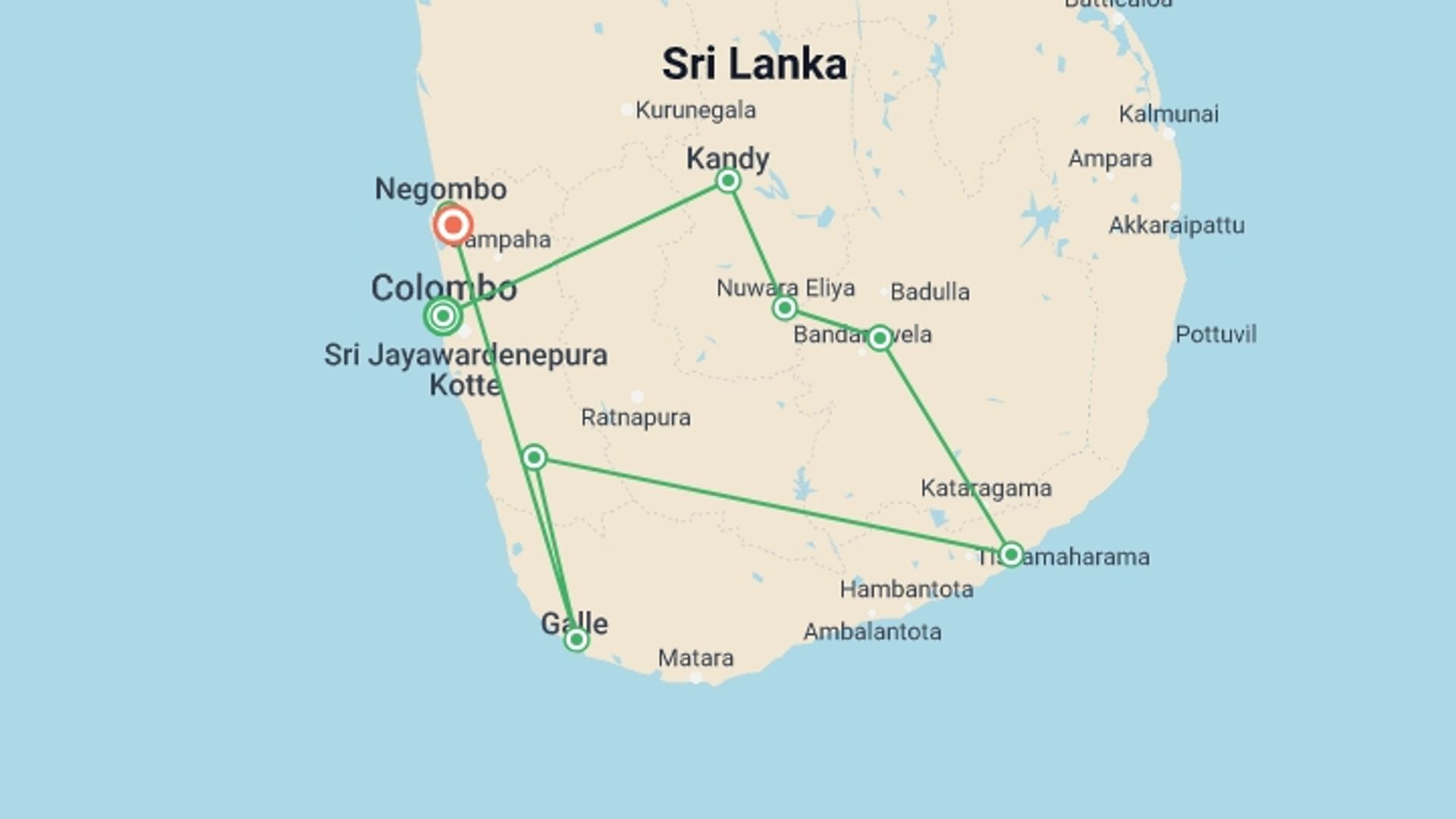A map showing the tour itinerary for the trip: Splendors of Sri Lanka, starting in Colombo, Sri Lanka and ending in Katunayake, Sri Lanka going through 6 other destinations.