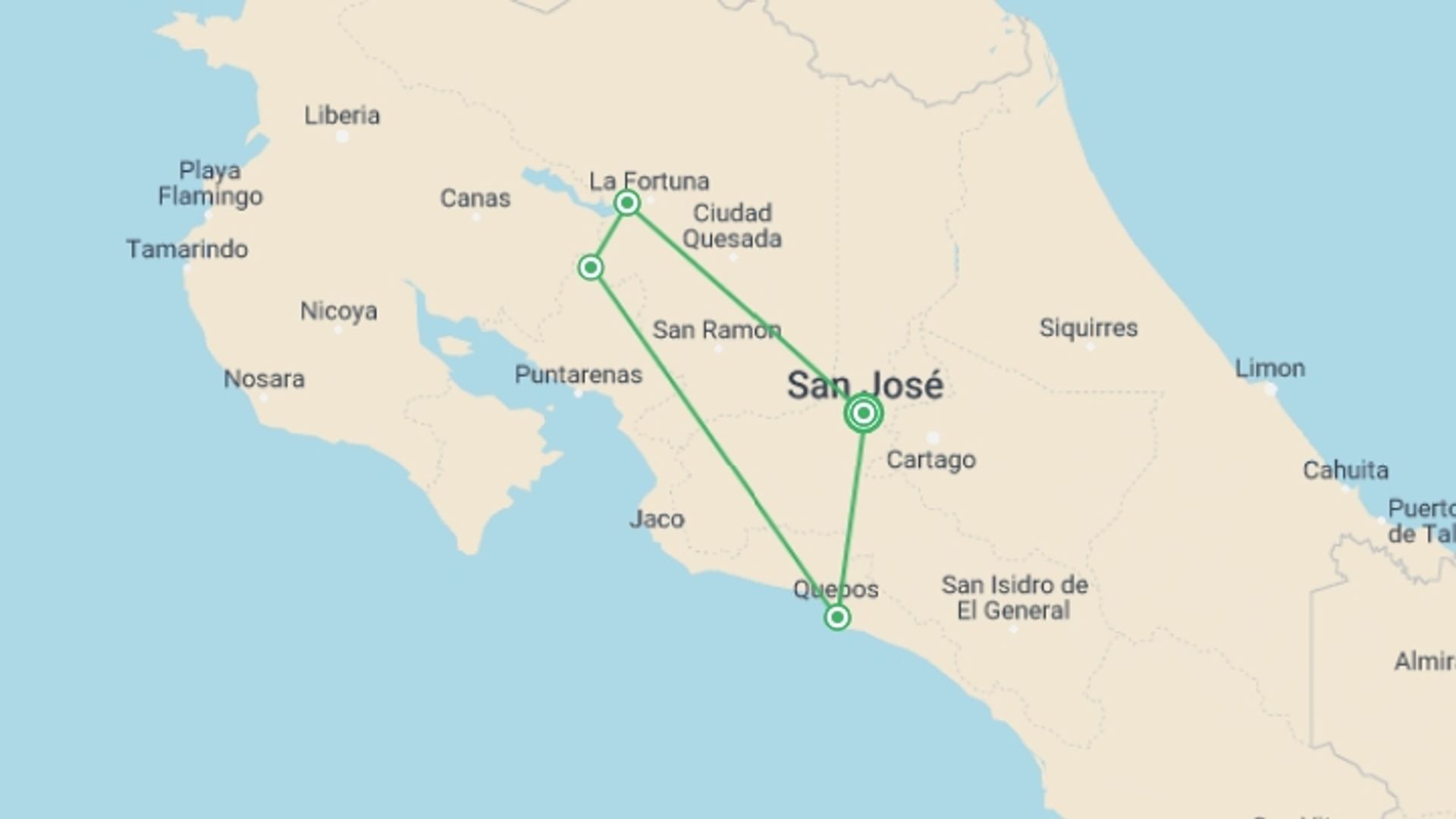 A map showing the tour itinerary for the trip: Treasures Of Costa Rica, starting in San Jose, Costa Rica and ending in San Jose, Costa Rica going through 4 other destinations.