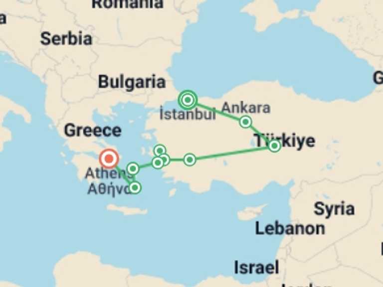 Map of 15-Day Europe Tour with 9 destination visits for the trip: Best Of Turkey And Greece With Island Hopping