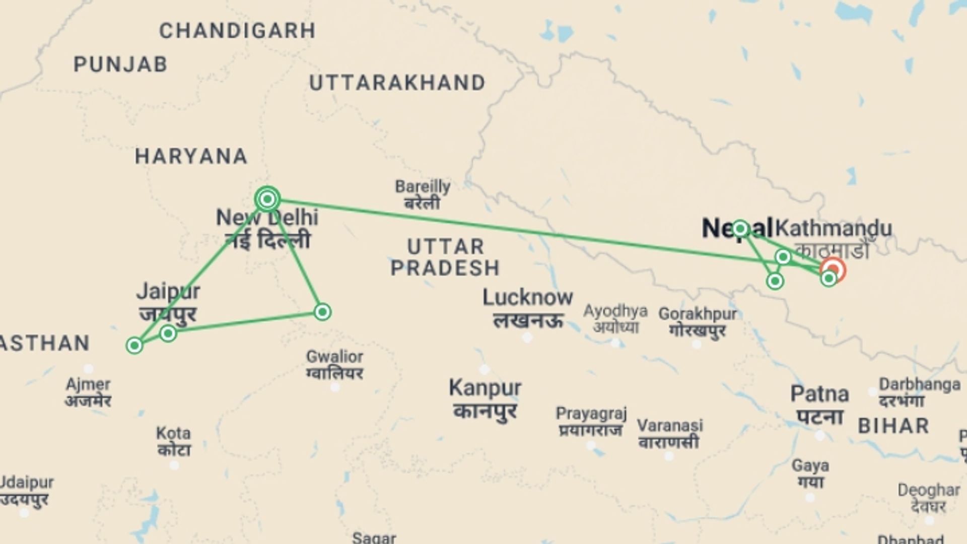 A map showing the tour itinerary for the trip: Journeys: Explore India & Nepal, starting in New Delhi, India and ending in Kathmandu, Nepal going through 7 other destinations.