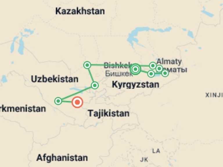 Map itinerary of Tashkent Tour in Summer with 9 destination visits for the trip: The Three Stans of The Silk Road