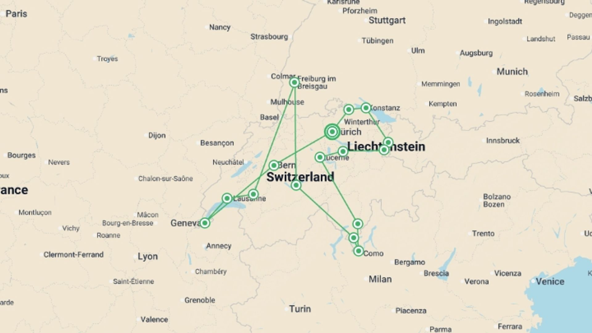 A map showing the tour itinerary for the trip: Switzerland, starting in Zurich, Switzerland and ending in Zurich, Switzerland going through 5 other destinations.