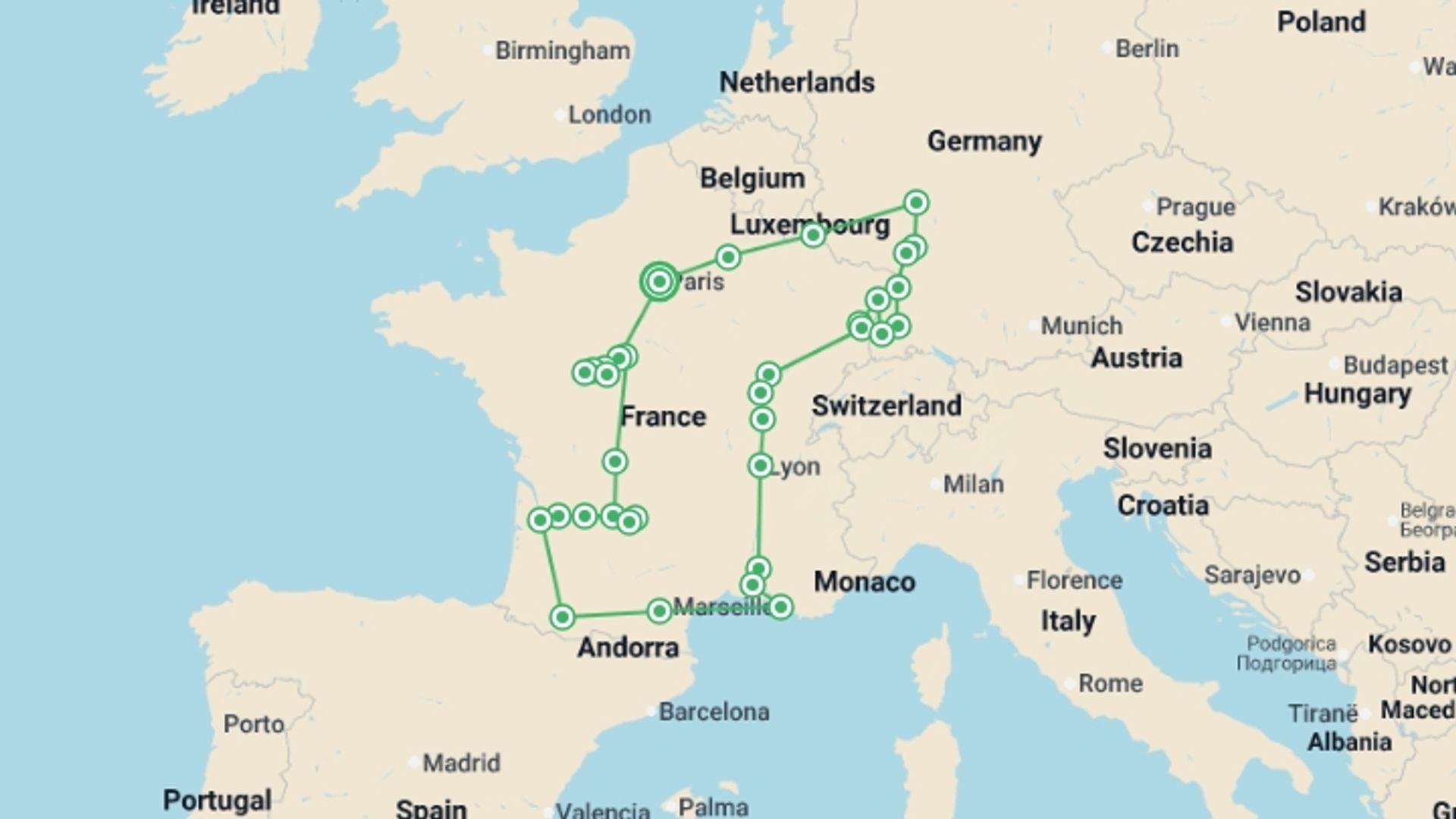 A map showing the tour itinerary for the trip: Enchanted France and Black Forest, starting in Paris, France and ending in Paris, France going through 11 other destinations.