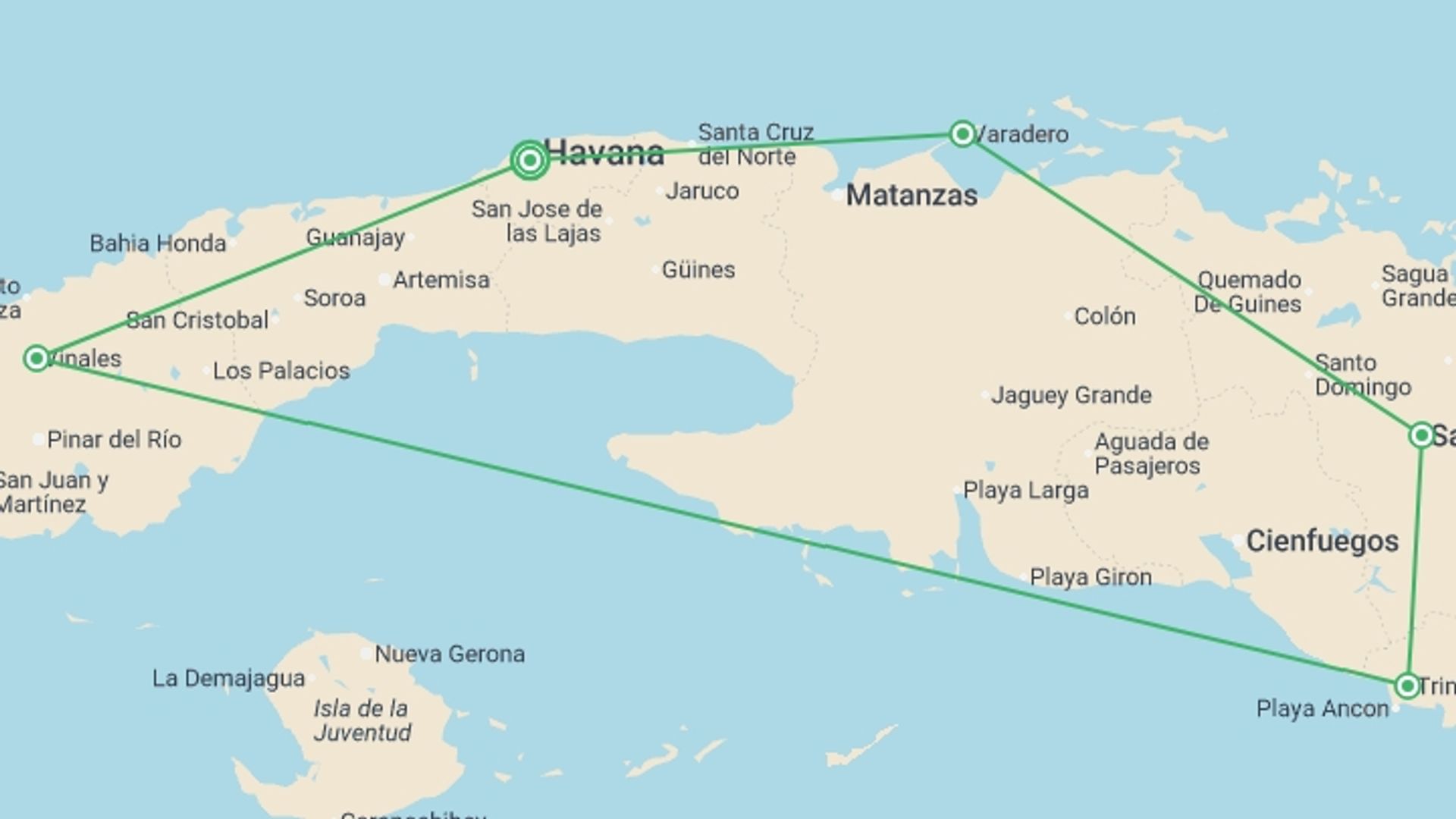 A map showing the tour itinerary for the trip: Cuba Magica Homestay Experience 14D/13N, starting in Havana, Cuba and ending in Havana, Cuba going through 4 other destinations.