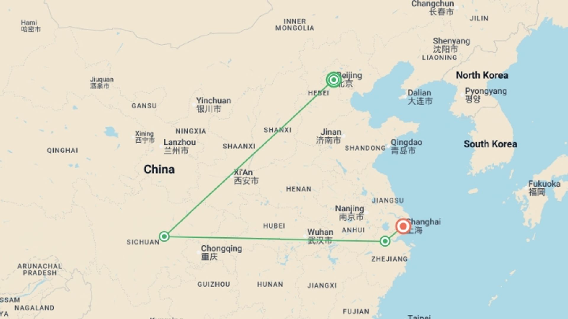 A map showing the tour itinerary for the trip: Culinary China Adventure (4-5 Star) - 10 days, starting in Beijing, China and ending in Shanghai, China going through 2 other destinations.