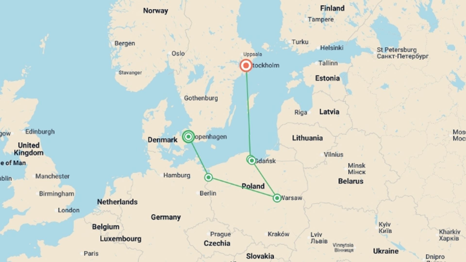 A map showing the tour itinerary for the trip: Nordic Gems and Poland End Stockholm, starting in Copenhagen, Denmark and ending in Stockholm, Sweden going through 4 other destinations.