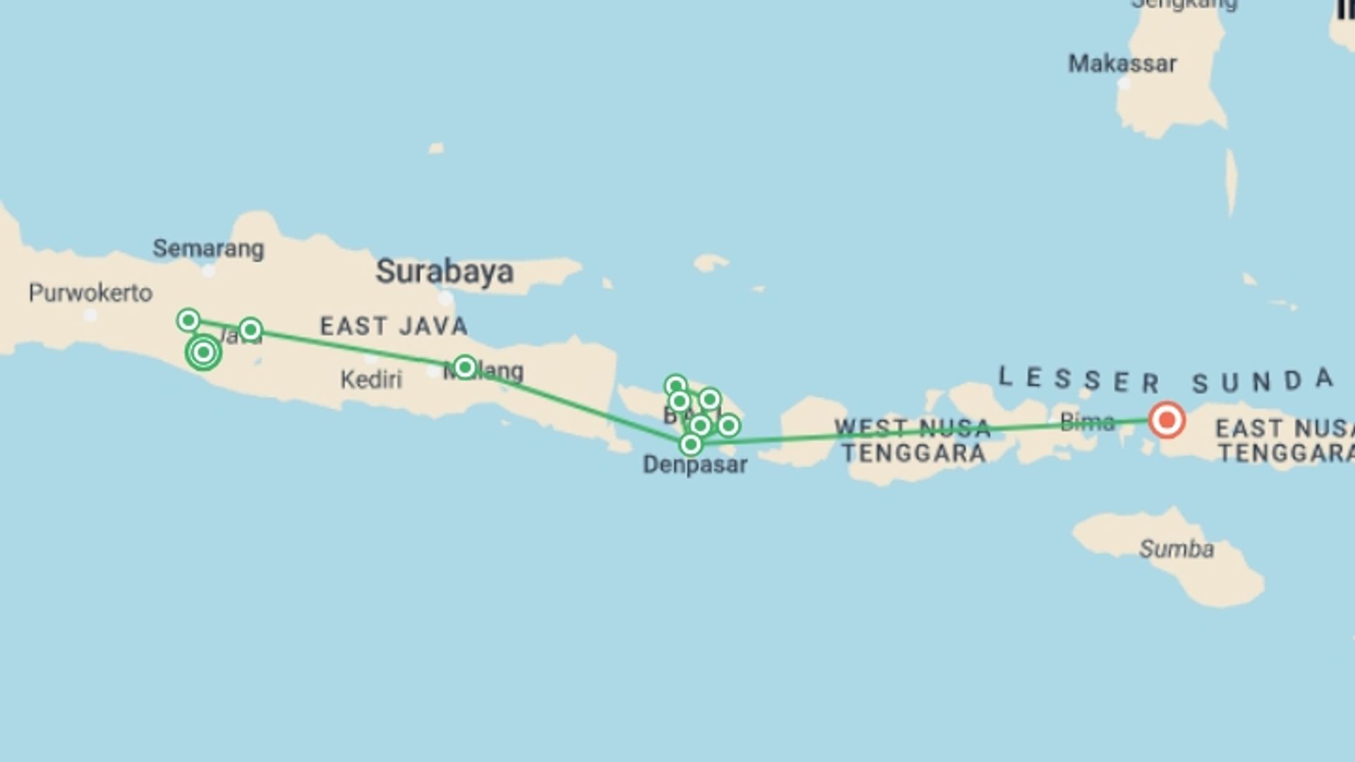 A map showing the tour itinerary for the trip: Indonesia: Java, Bali & Komodo Island, starting in Yogyakarta, Indonesia and ending in Labuan Bajo, Indonesia going through 10 other destinations.