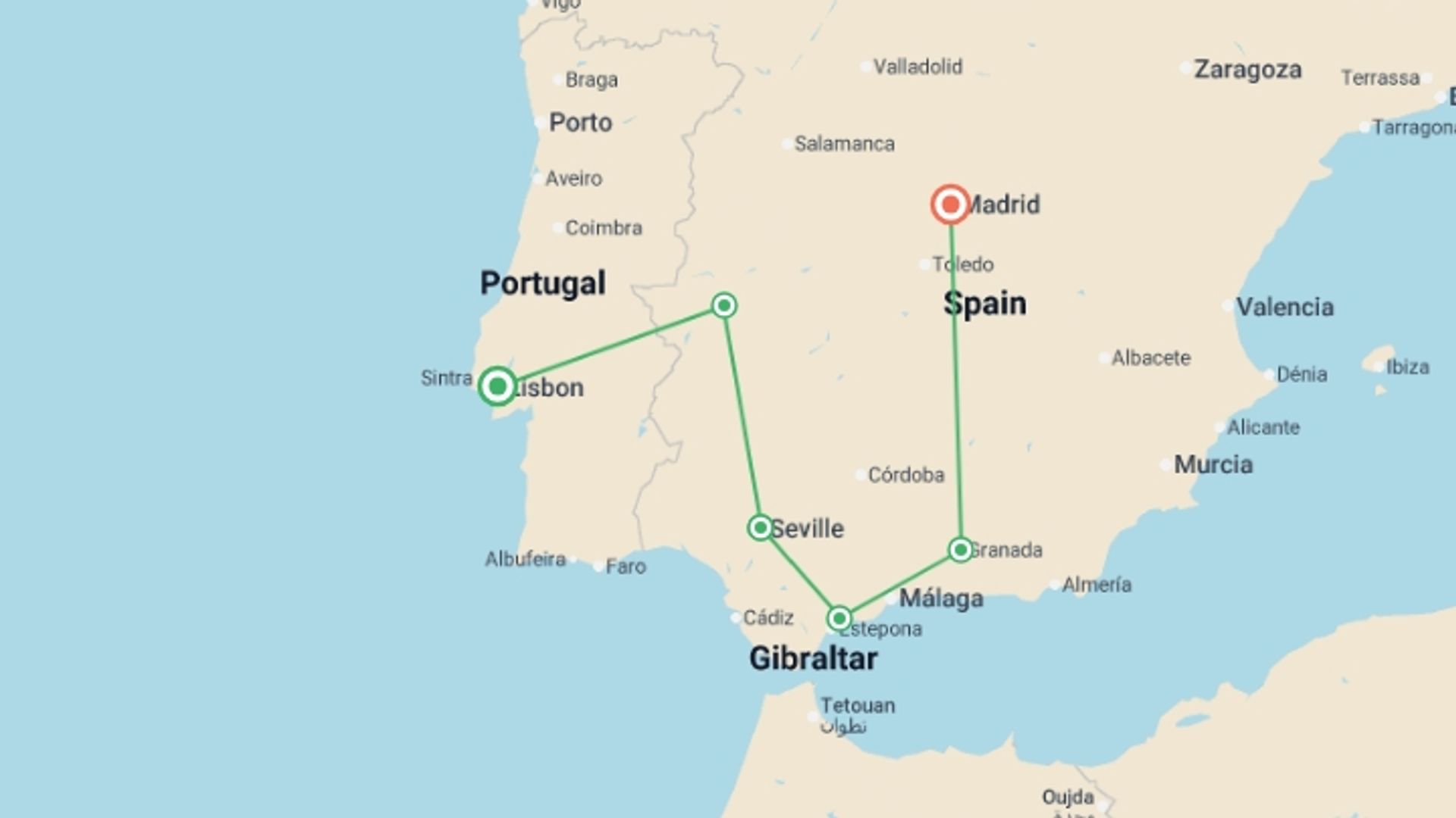A map showing the tour itinerary for the trip: Seville, Costa del Sol & Granada - 5 days, starting in Lisbon, Portugal and ending in Madrid, Spain going through 3 other destinations.